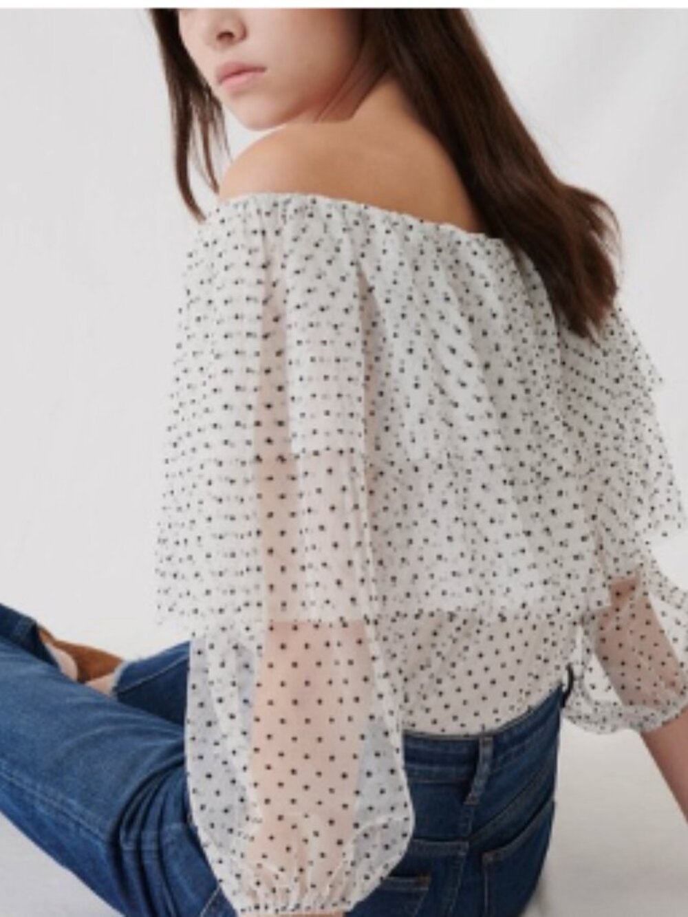 Maje Women's Blouse Size 3 Off The Shoulder Polka Dot Print